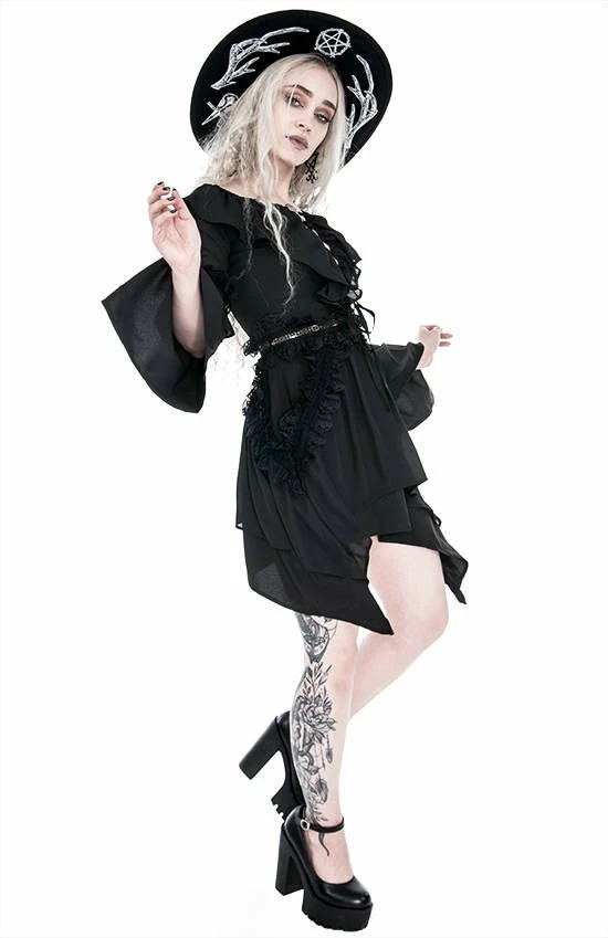 Restyle Dresses Asymmetrical Black Gothic Ruffled Petagram Mini Dress - Image 3