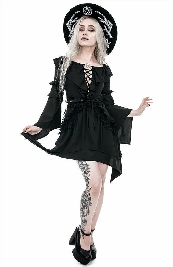 Restyle Dresses Asymmetrical Black Gothic Ruffled Petagram Mini Dress - Image 6