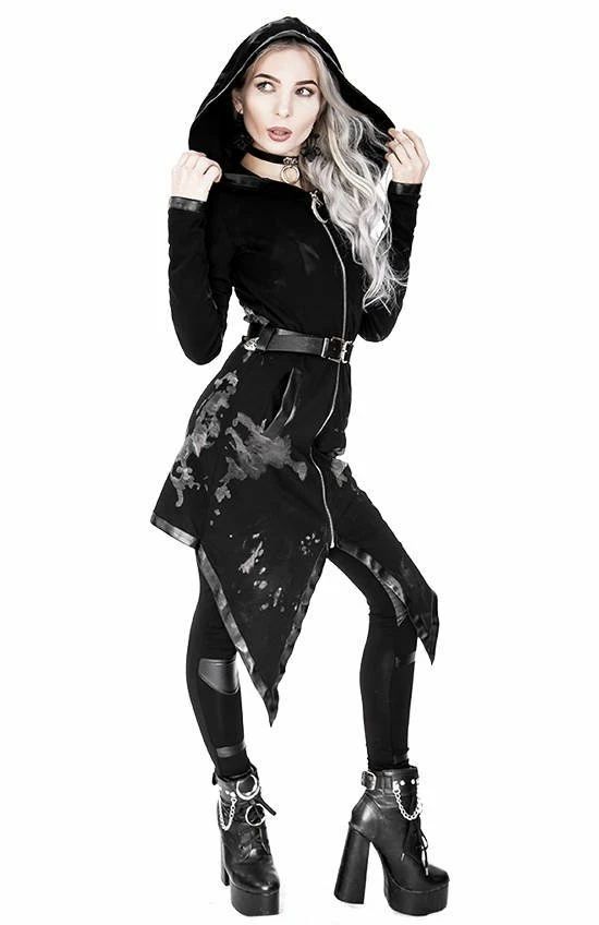 Restyle Jackets Asymmetrical Black Gothic Tie Dye Moon Zipper Long Hoodie - Image 3