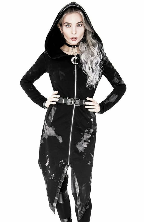 Restyle Jackets Asymmetrical Black Gothic Tie Dye Moon Zipper Long Hoodie