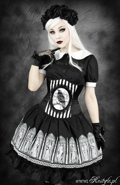 Restyle Bustiers & Corsets Black & White Stripes Fantasy Raven Cameo Underburst Corset - Image 2