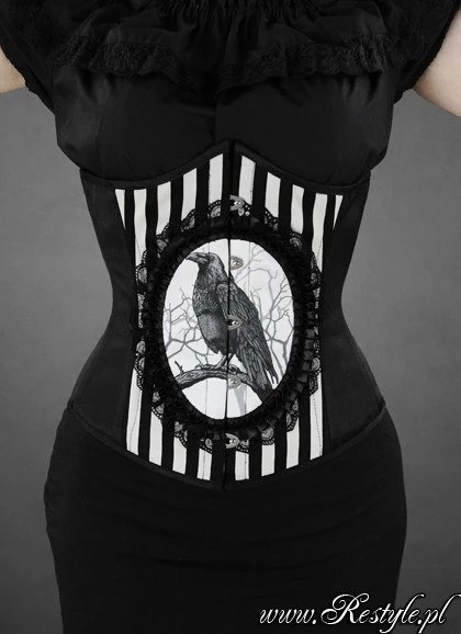 Restyle Bustiers & Corsets Black & White Stripes Fantasy Raven Cameo Underburst Corset - Image 5