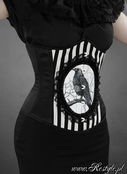 Restyle Bustiers & Corsets Black & White Stripes Fantasy Raven Cameo Underburst Corset - Image 6