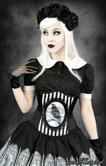 Restyle Bustiers & Corsets Black & White Stripes Fantasy Raven Cameo Underburst Corset