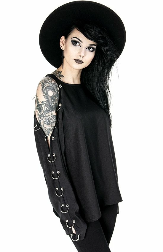 Restyle Standard Tops Black Cold-Shoulder Loose-Fit Pierced Gothic Top - Image 2