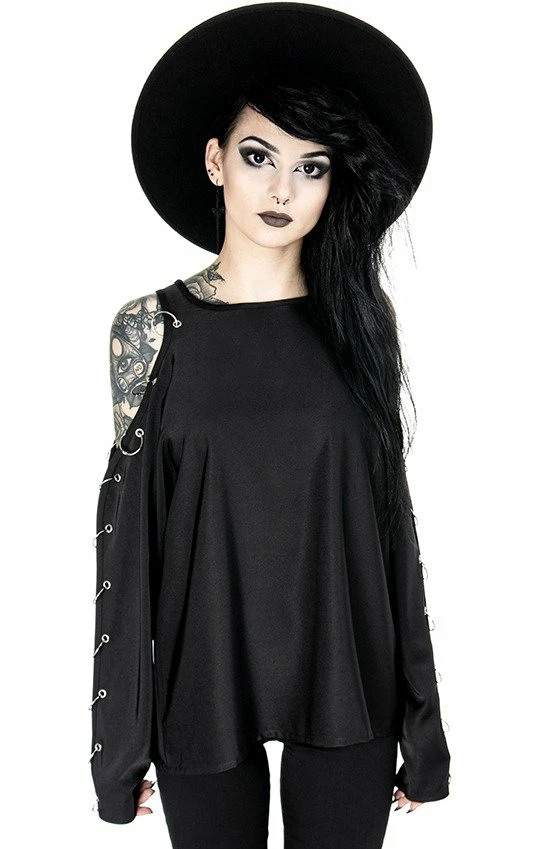Restyle Standard Tops Black Cold-Shoulder Loose-Fit Pierced Gothic Top - Image 3