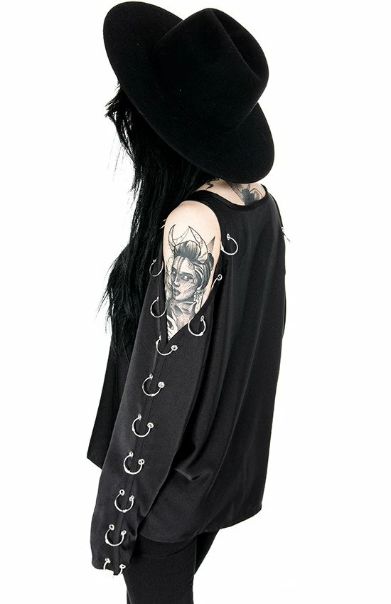 Restyle Standard Tops Black Cold-Shoulder Loose-Fit Pierced Gothic Top - Image 4