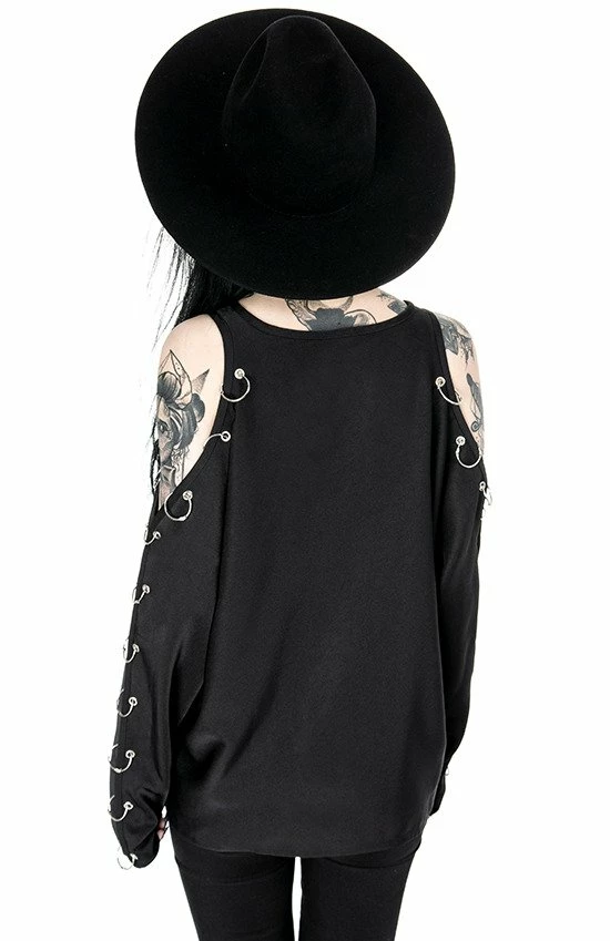 Restyle Standard Tops Black Cold-Shoulder Loose-Fit Pierced Gothic Top - Image 5