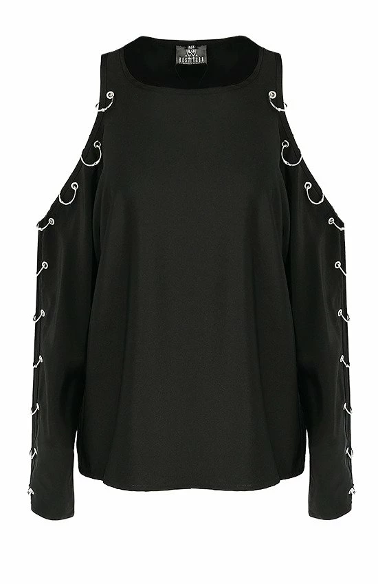 Restyle Standard Tops Black Cold-Shoulder Loose-Fit Pierced Gothic Top - Image 6