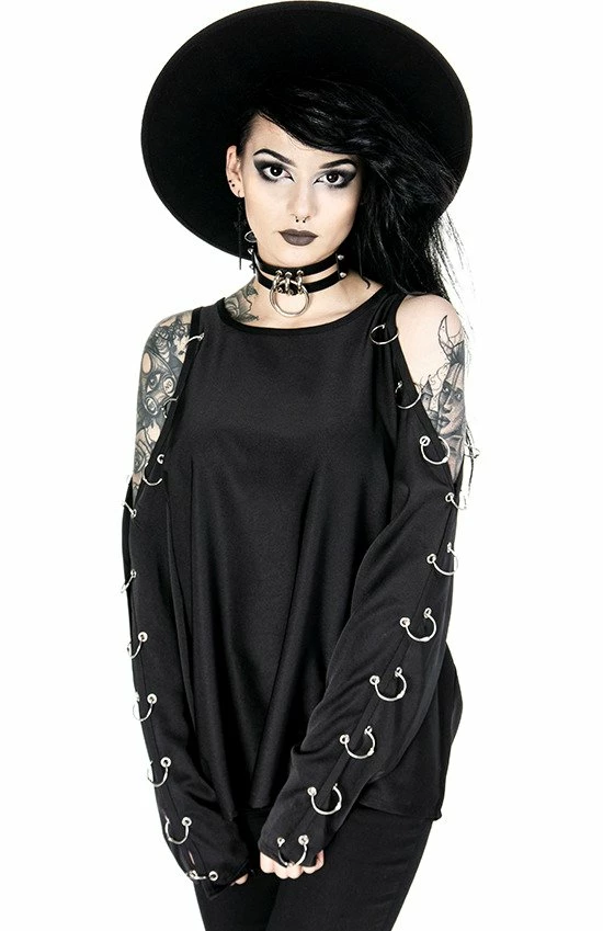 Restyle Standard Tops Black Cold-Shoulder Loose-Fit Pierced Gothic Top