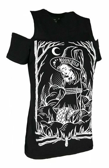 Restyle T-Shirts Black Goth Burn The Witch Cold Shoulder T-shirt - Image 3