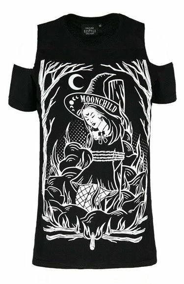 Restyle T-Shirts Black Goth Burn The Witch Cold Shoulder T-shirt