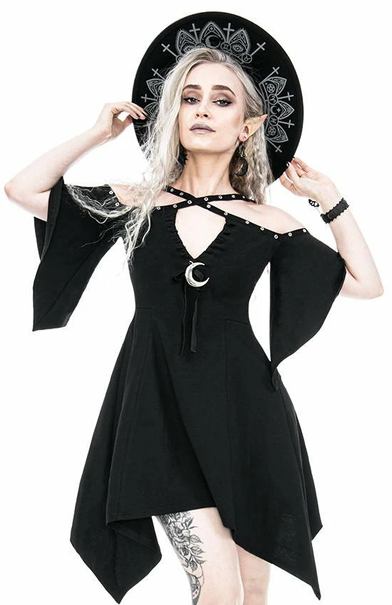 Restyle Dresses Black Gothic Asymmetrical Flared Short Sleeves Tunic Mini Dress