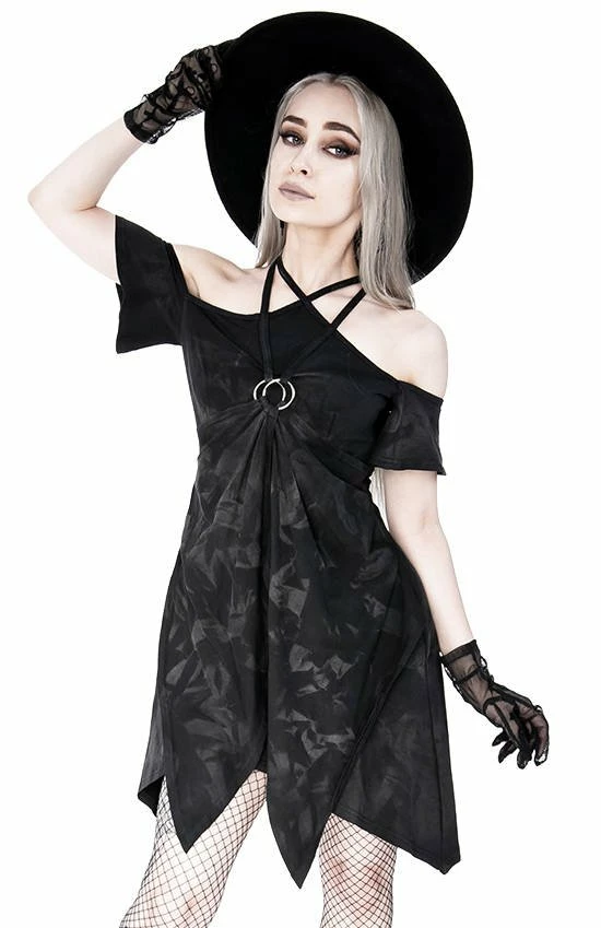 Restyle Dresses Black Gothic Asymmetrical Strappy Pentagram Mini Dress