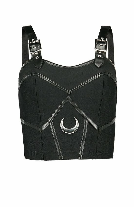 Restyle Standard Tops Black Gothic Buckle Sleeves Bandage Moon Crop Top - Image 2