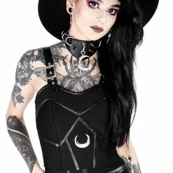 Restyle Standard Tops Black Gothic Buckle Sleeves Bandage Moon Crop Top