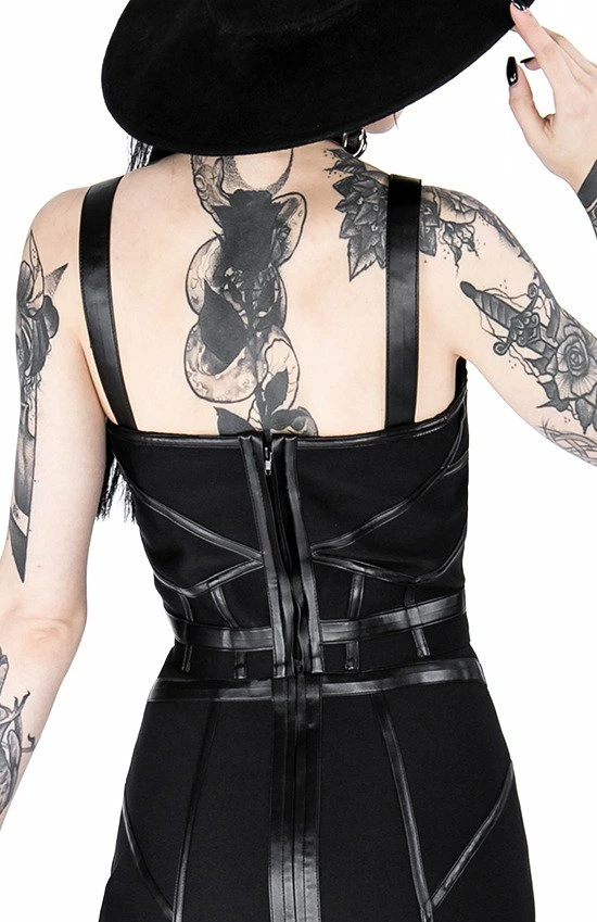 Restyle Standard Tops Black Gothic Buckle Sleeves Bandage Moon Crop Top - Image 4