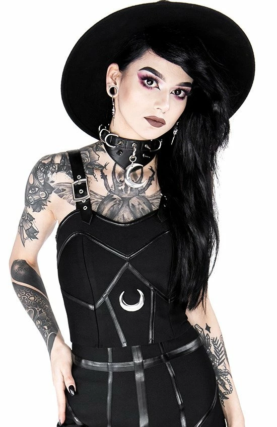 Restyle Standard Tops Black Gothic Buckle Sleeves Bandage Moon Crop Top