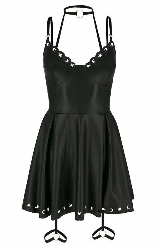 Restyle Dresses Black Gothic Crescent Stars Laser Cut Faux Leather Mini Dress - Image 2
