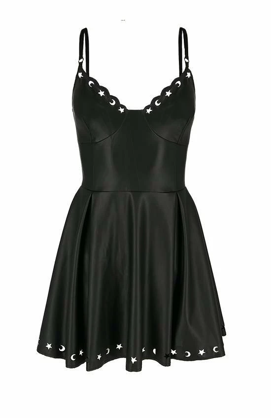 Restyle Dresses Black Gothic Crescent Stars Laser Cut Faux Leather Mini Dress - Image 3