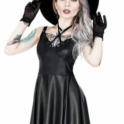 Restyle Dresses Black Gothic Crescent Stars Laser Cut Faux Leather Mini Dress