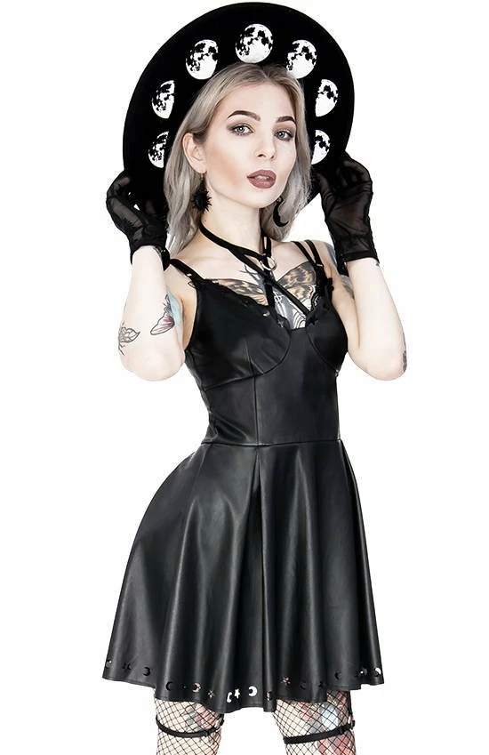 Restyle Dresses Black Gothic Crescent Stars Laser Cut Faux Leather Mini Dress - Image 4