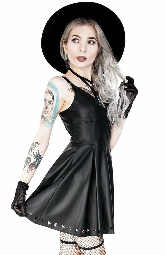 Restyle Dresses Black Gothic Crescent Stars Laser Cut Faux Leather Mini Dress - Image 5