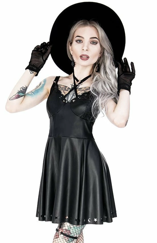 Restyle Dresses Black Gothic Crescent Stars Laser Cut Faux Leather Mini Dress