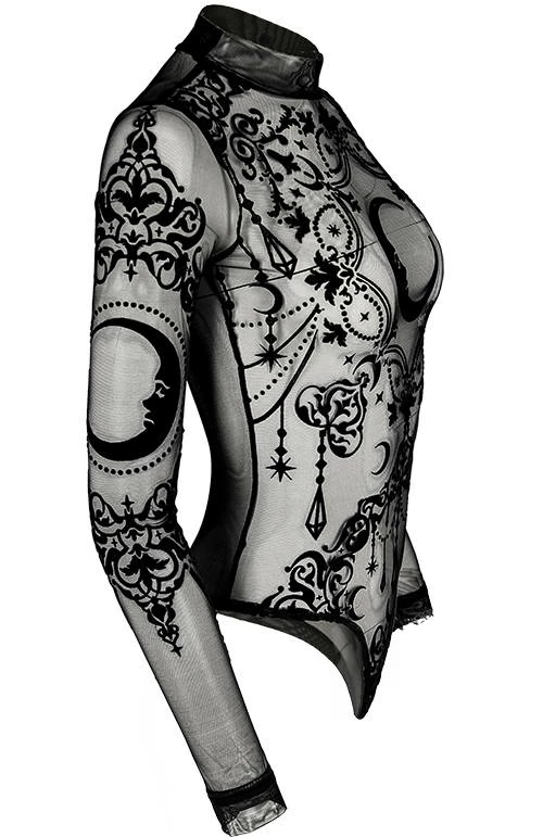 Restyle Standard Tops Black Gothic Crescent Stars See-Through Mesh Turtleneck Bodysuit - Image 3