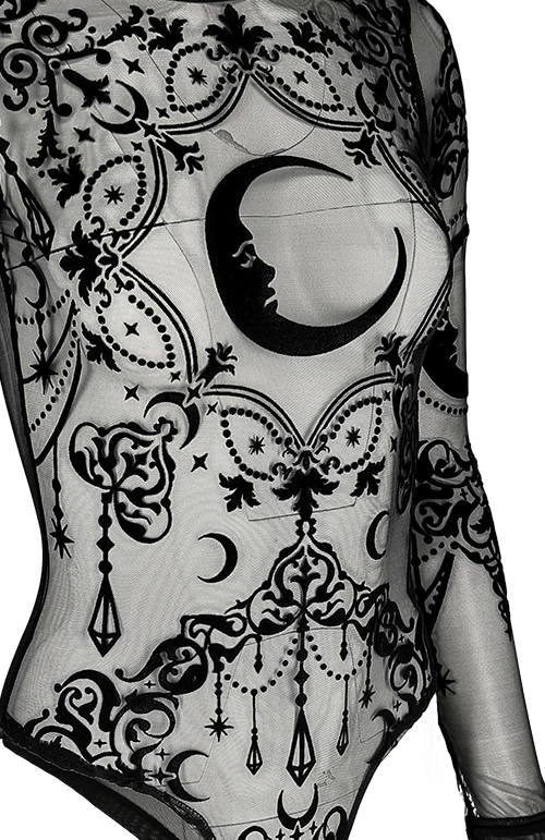 Restyle Standard Tops Black Gothic Crescent Stars See-Through Mesh Turtleneck Bodysuit - Image 5