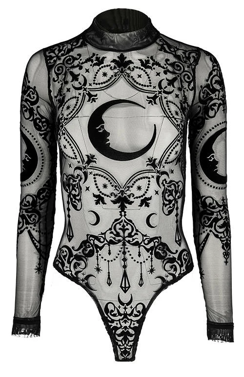 Restyle Standard Tops Black Gothic Crescent Stars See-Through Mesh Turtleneck Bodysuit