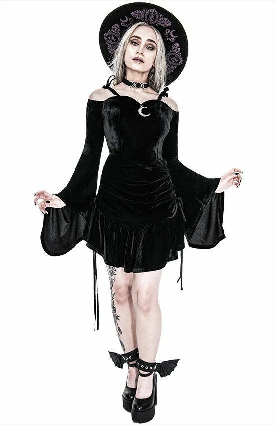 Restyle Dresses Black Gothic Draped Heart Neckline Flared Sleeves Velvet Mini Dress - Image 3
