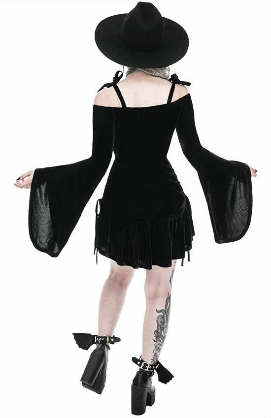 Restyle Dresses Black Gothic Draped Heart Neckline Flared Sleeves Velvet Mini Dress - Image 4