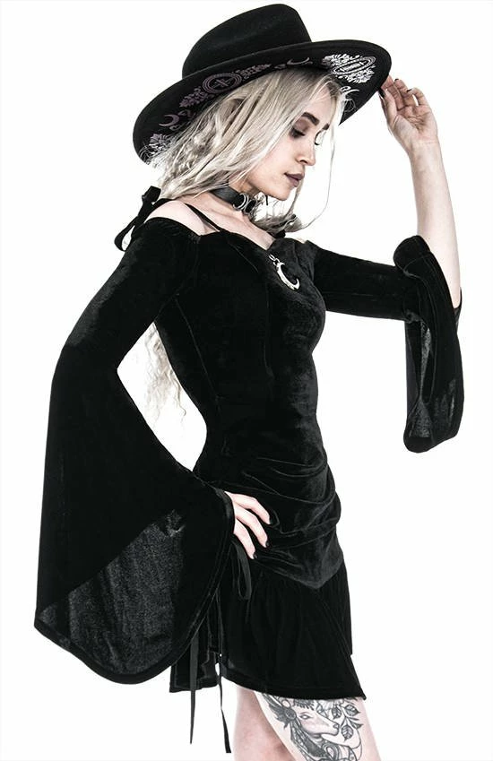 Restyle Dresses Black Gothic Draped Heart Neckline Flared Sleeves Velvet Mini Dress - Image 5