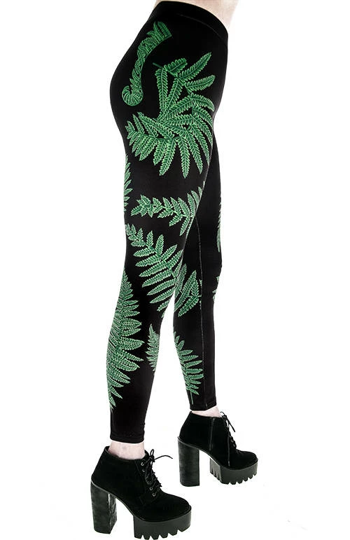Restyle Black Gothic Elastic Waist Fern Forest Witch Leggings - Image 3