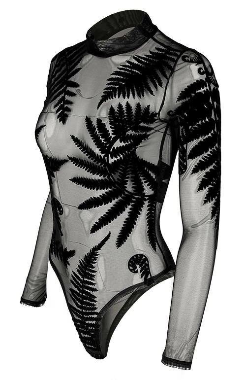 Restyle Standard Tops Black Gothic Forest Witch See-Through Mesh Turtleneck Bodysuit - Image 4