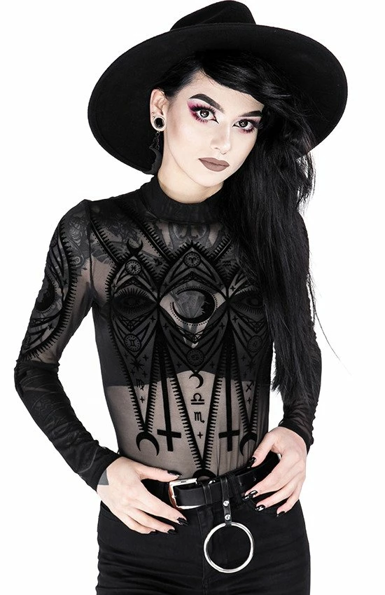 Restyle Standard Tops Black Gothic Fortune Teller See-Through Mesh Turtleneck Bodysuit - Image 2