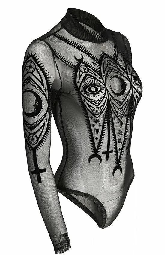 Restyle Standard Tops Black Gothic Fortune Teller See-Through Mesh Turtleneck Bodysuit - Image 5