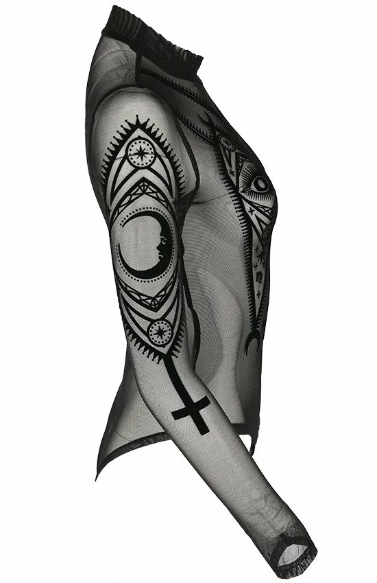 Restyle Standard Tops Black Gothic Fortune Teller See-Through Mesh Turtleneck Bodysuit - Image 6