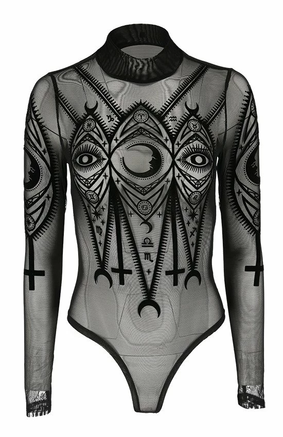Restyle Standard Tops Black Gothic Fortune Teller See-Through Mesh Turtleneck Bodysuit