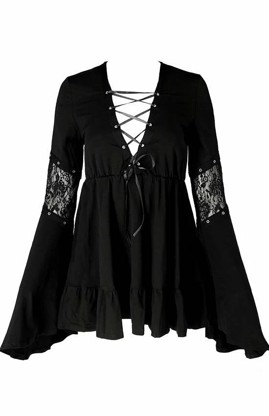 Restyle Dresses Black Gothic Lace-Up Flared Long Sleeves A-Line Mini Dress - Image 2