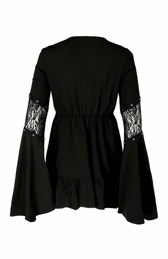 Restyle Dresses Black Gothic Lace-Up Flared Long Sleeves A-Line Mini Dress - Image 3
