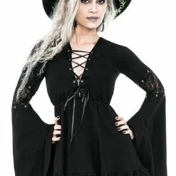 Restyle Dresses Black Gothic Lace-Up Flared Long Sleeves A-Line Mini Dress