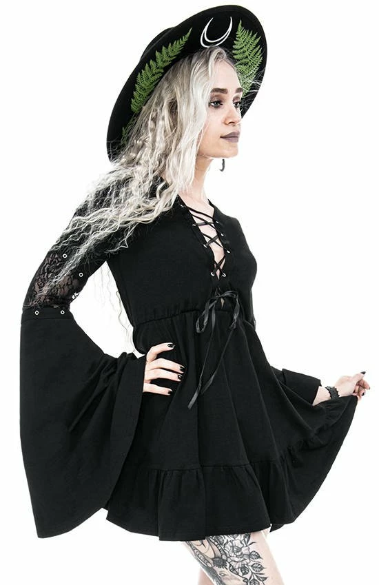 Restyle Dresses Black Gothic Lace-Up Flared Long Sleeves A-Line Mini Dress - Image 4