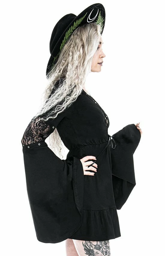 Restyle Dresses Black Gothic Lace-Up Flared Long Sleeves A-Line Mini Dress - Image 5
