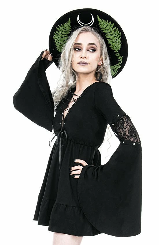 Restyle Dresses Black Gothic Lace-Up Flared Long Sleeves A-Line Mini Dress - Image 6