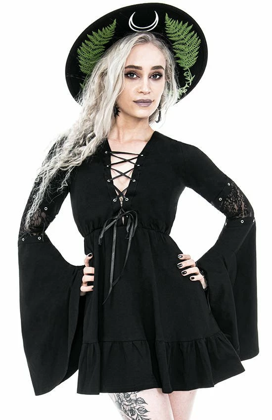 Restyle Dresses Black Gothic Lace-Up Flared Long Sleeves A-Line Mini Dress