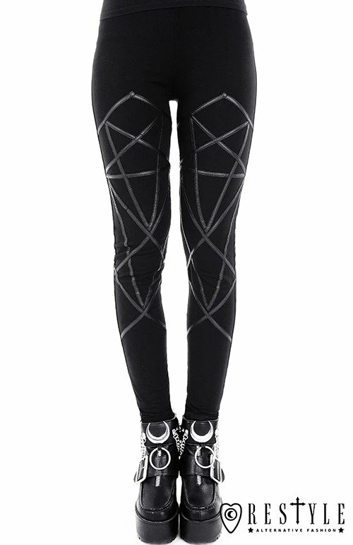 Restyle Black Gothic Leather Straps Pentagram Leggings - Image 2