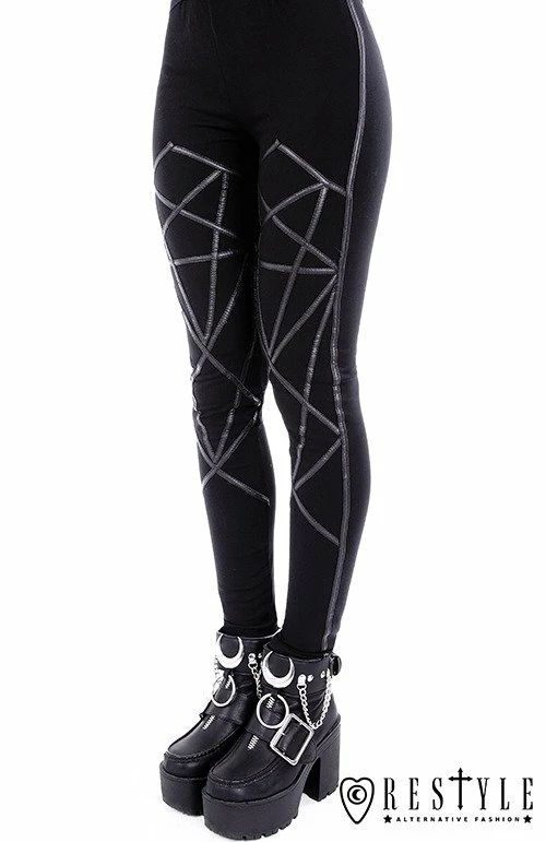 Restyle Black Gothic Leather Straps Pentagram Leggings - Image 3