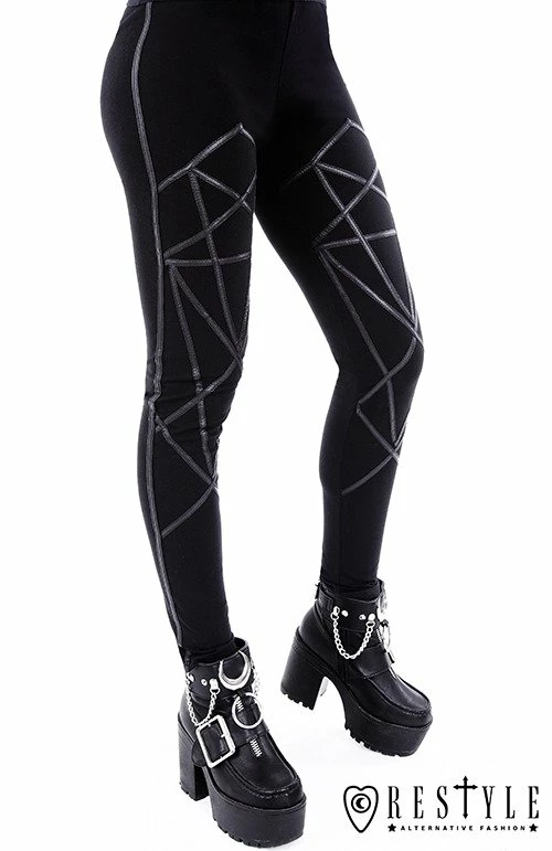 Restyle Black Gothic Leather Straps Pentagram Leggings - Image 4